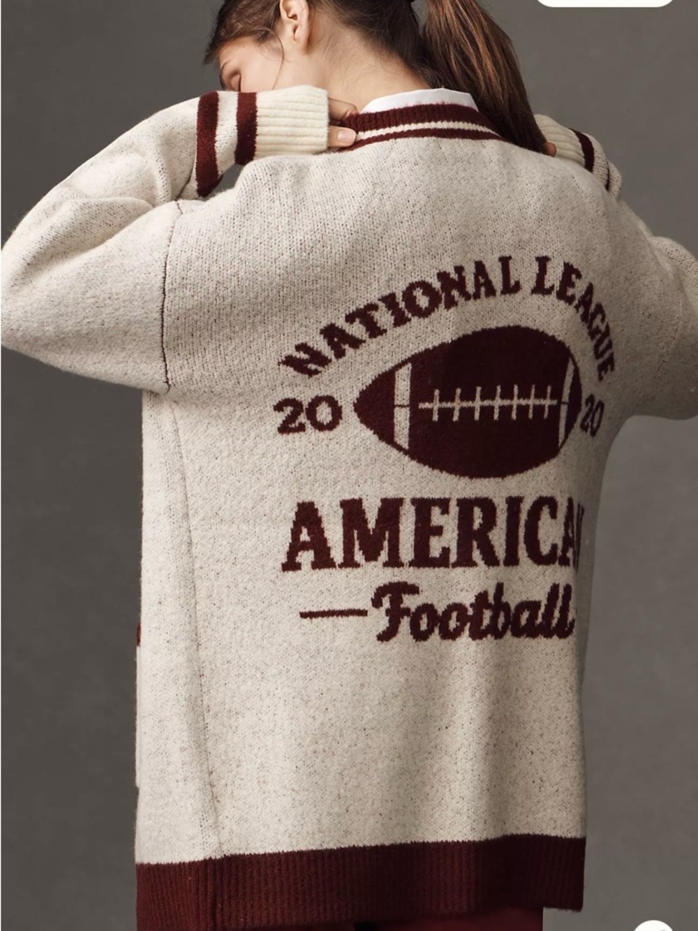 Anthropologie Cream and Burgundy Football-Accent Cardigan - Picture 2 of 4